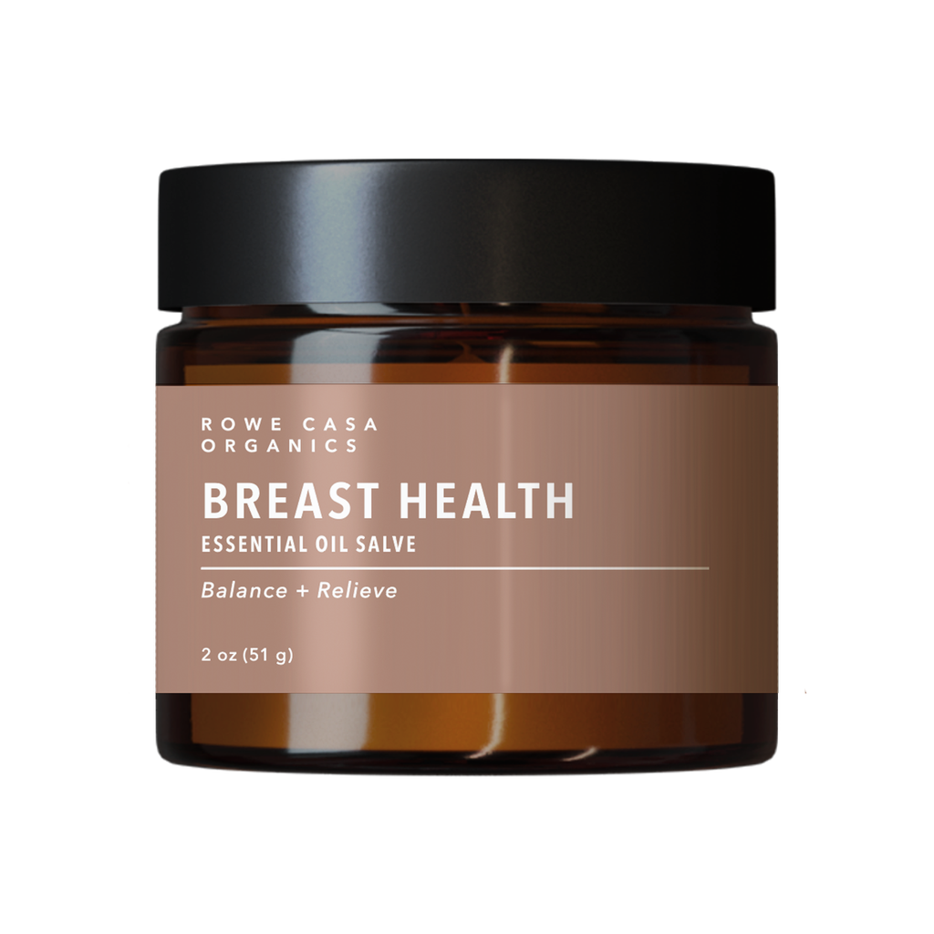 Jar of Rowe Casa Organics Breast Health Essential Oil Salve on a white background