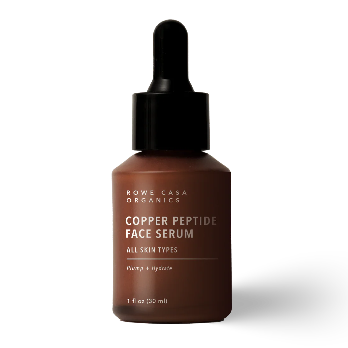 Brown bottle of Rowe Casa Organics Copper Peptide Face Serum on a white background