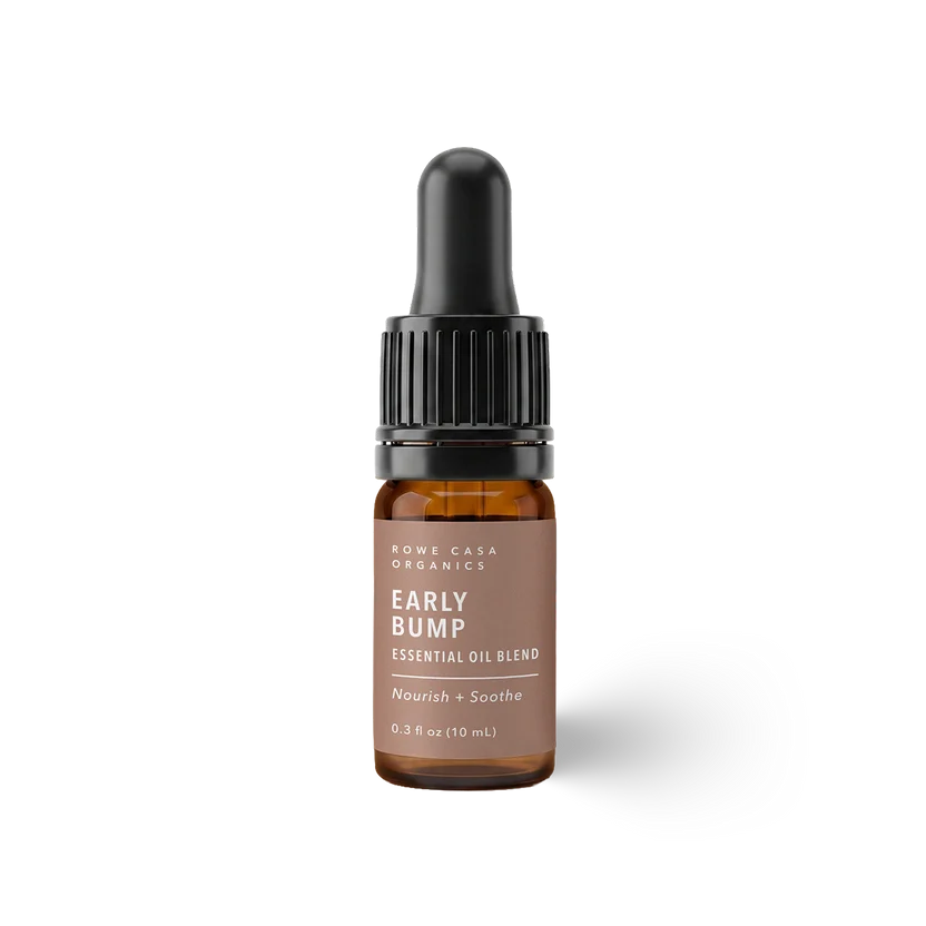 Brown essential oil bottle with dropper labeled 'Early Bump on a white background