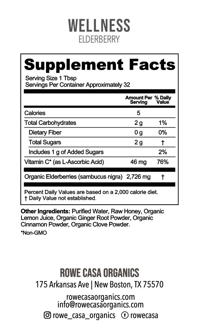 Supplement facts label for a wellness elderberry supplement from Rowe Casa Organics.