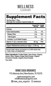 Supplement facts label for a wellness elderberry supplement from Rowe Casa Organics.