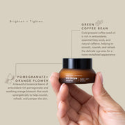 Hand holding a brown eye cream jar with text about green coffee bean and pomegranate+orange flower ingredients.