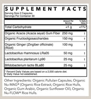 A supplement facts label showing a nutrition panel with listed ingredients including Organic Acacia Gum Fiber, Organic Fructooligosaccharides, Organic Ginger, Lactobacillus rhamnosus, Lactobacillus plantarum, and Bifidobacterium lactis. The label also notes Other Ingredients such as Organic Pullulan Capsules and Organic Nu-MAG Rice Extract.