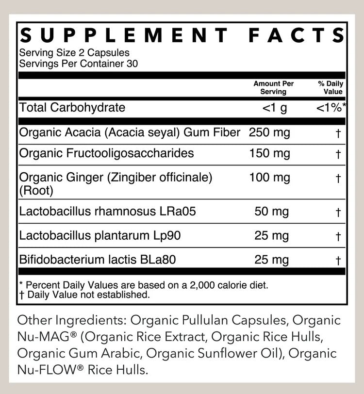 A supplement facts label showing a nutrition panel with listed ingredients including Organic Acacia Gum Fiber, Organic Fructooligosaccharides, Organic Ginger, Lactobacillus rhamnosus, Lactobacillus plantarum, and Bifidobacterium lactis. The label also notes Other Ingredients such as Organic Pullulan Capsules and Organic Nu-MAG Rice Extract.
