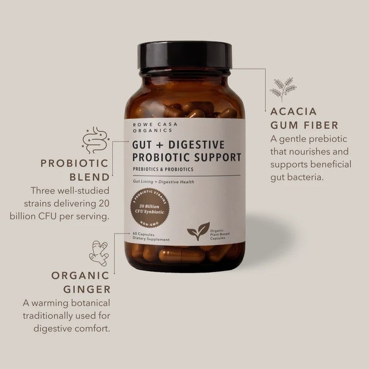 An amber supplement bottle labeled 'Gut + Digestive Probiotic Support' by Rowe Casa Organics, shown on a warm beige background with callout text describing probiotic blend, acacia gum fiber, and organic ginger.