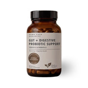 An amber glass bottle of Rowe Casa Organics Gut + Digestive Probiotic Support capsules with a black cap and a white label, shown on a clean white background.