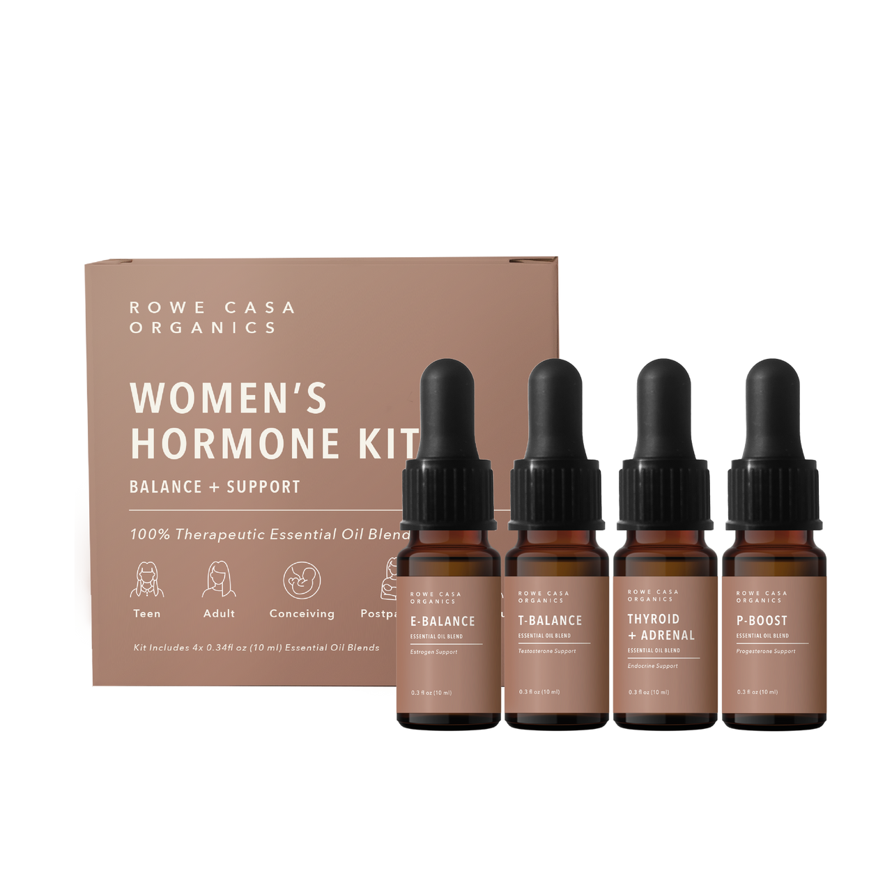 Rowe Casa Organics Women's Hormone Kit with bottles and packaging on a white background