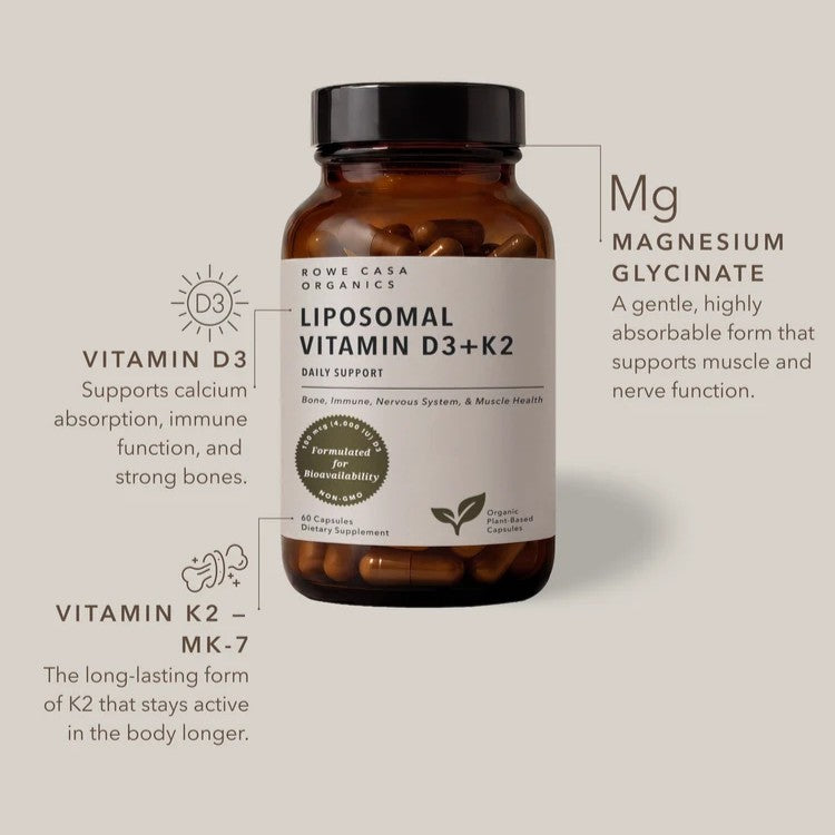 An amber supplement bottle labeled 'Rowe Casa Organics Liposomal Vitamin D3+K2 Daily Support' centered on a warm beige background, with callout lines and text explaining magnesium glycinate, vitamin D3, and vitamin K2 benefits.