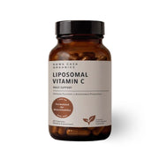 A bottle of Rowe Casa Organics Liposomal Vitamin C dietary supplement, featuring an amber glass bottle with a black cap and a beige label, shown on a white background.