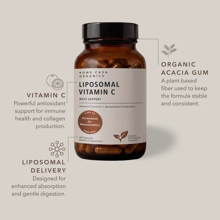 An amber supplement bottle labeled 'Rowe Casa Organics Liposomal Vitamin C' centered on a warm beige background, with callout text describing ingredients and product features like organic acacia gum, vitamin C, and liposomal delivery.