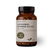 A bottle of Rowe Casa Organics Liposomal Vitamin D3+K2 dietary supplement, containing 60 capsules, on a clean white background.