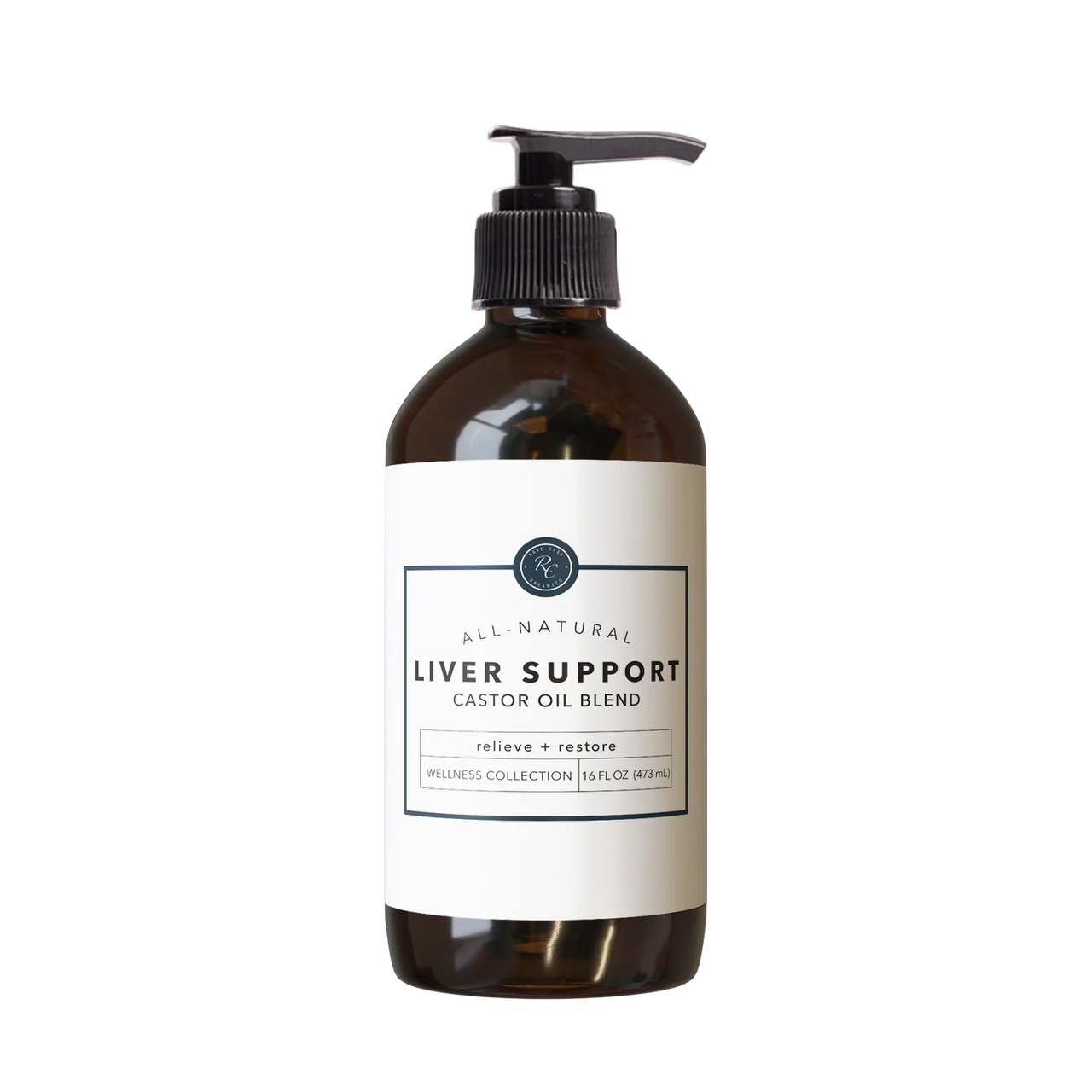 Rowe Casa Bottle of liver support castor oil blend on a white background