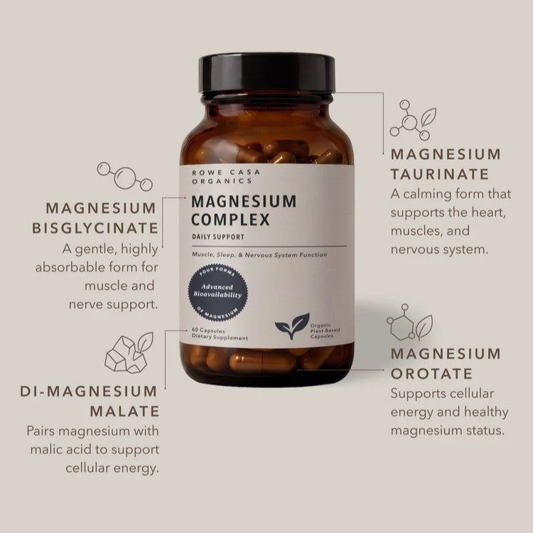 An amber supplement bottle labeled ROWE CASA ORGANICS Magnesium Complex, shown on a warm beige background with callout lines and text describing included ingredients: magnesium bisglycinate, magnesium taurinate, di-magnesium malate, and magnesium orotate.