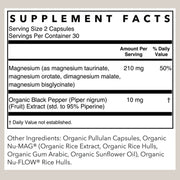A supplement facts label showing a nutrition panel for Organic Nu-MAG and Organic Nu-FLOW rice hulls, with serving size 2 capsules and serving per container 30. The label lists Magnesium at 210 mg (50% daily value) and Organic Black Pepper at 10 mg, with other ingredients listed below.