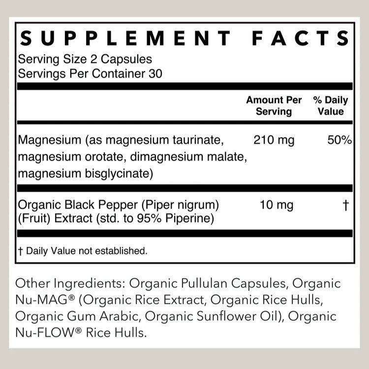 A supplement facts label showing a nutrition panel for Organic Nu-MAG and Organic Nu-FLOW rice hulls, with serving size 2 capsules and serving per container 30. The label lists Magnesium at 210 mg (50% daily value) and Organic Black Pepper at 10 mg, with other ingredients listed below.