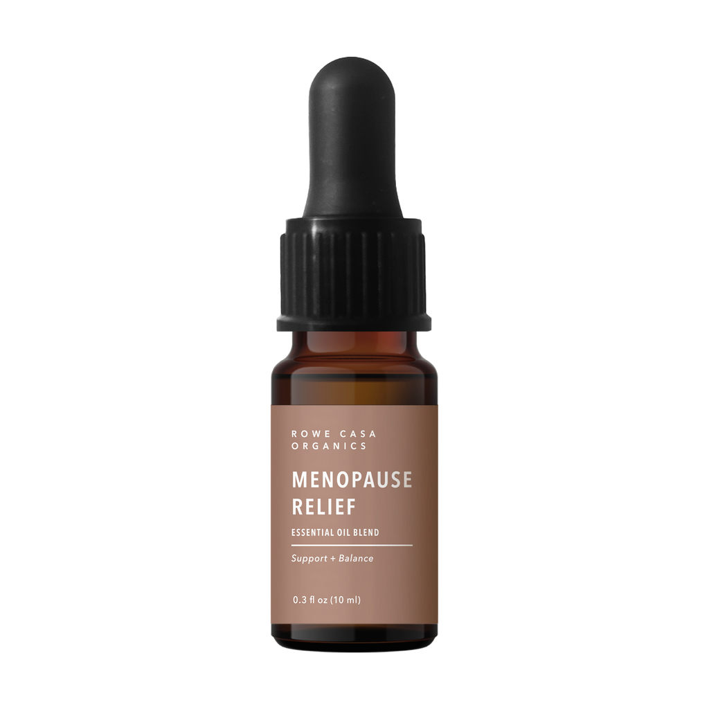 Rowe Casa Menopause Relief essential oil blend bottle with dropper on a white background