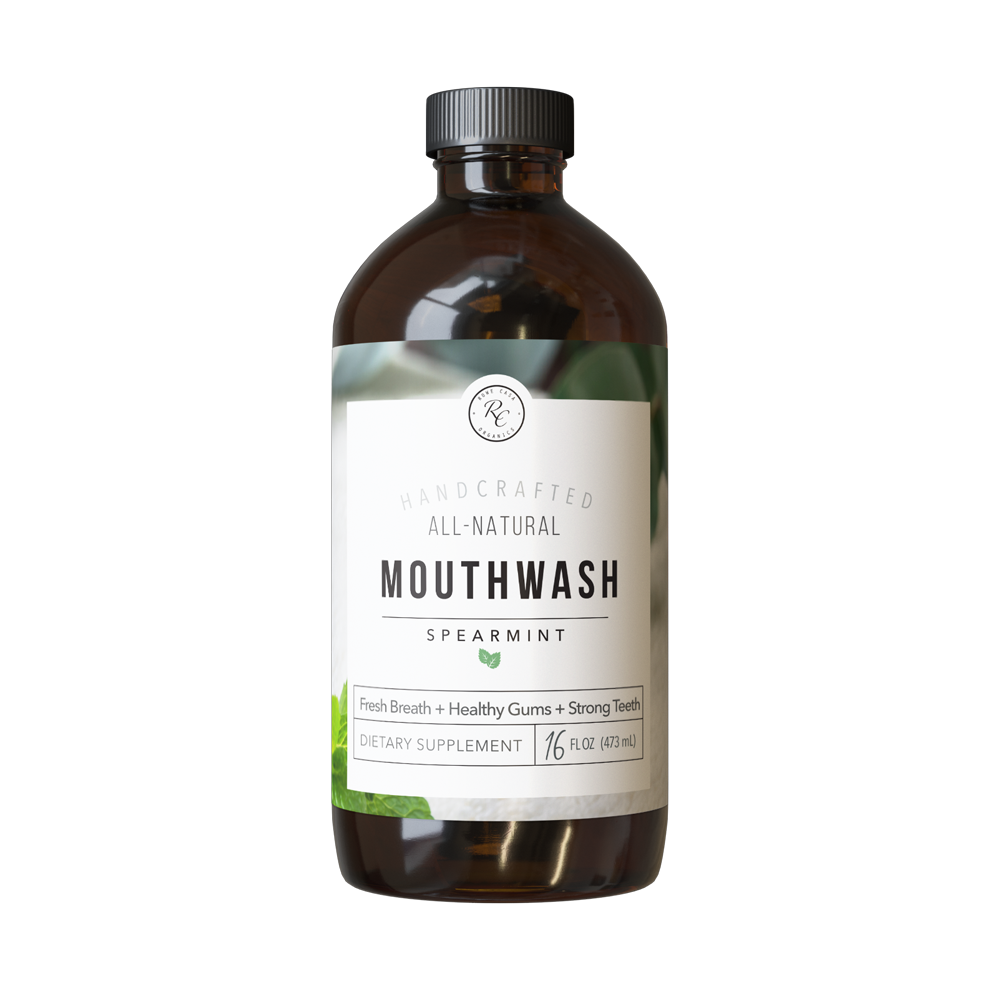 Rowe Casa Brown bottle of all-natural spearmint mouthwash on a white background