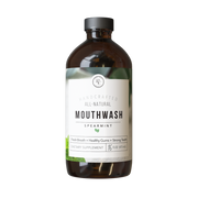 Rowe Casa Brown bottle of all-natural spearmint mouthwash on a white background