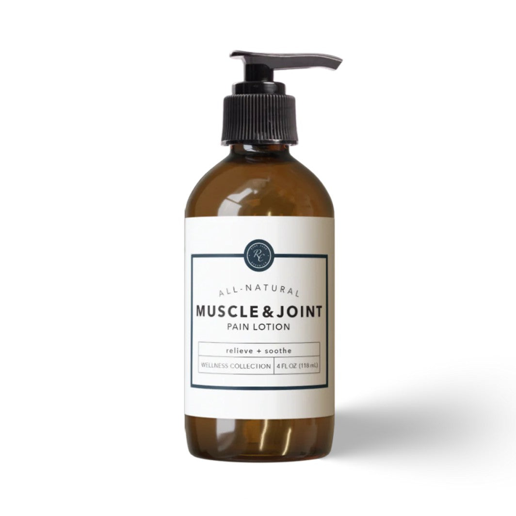 Brown bottle of muscle and joint pain lotion with a label on a white background