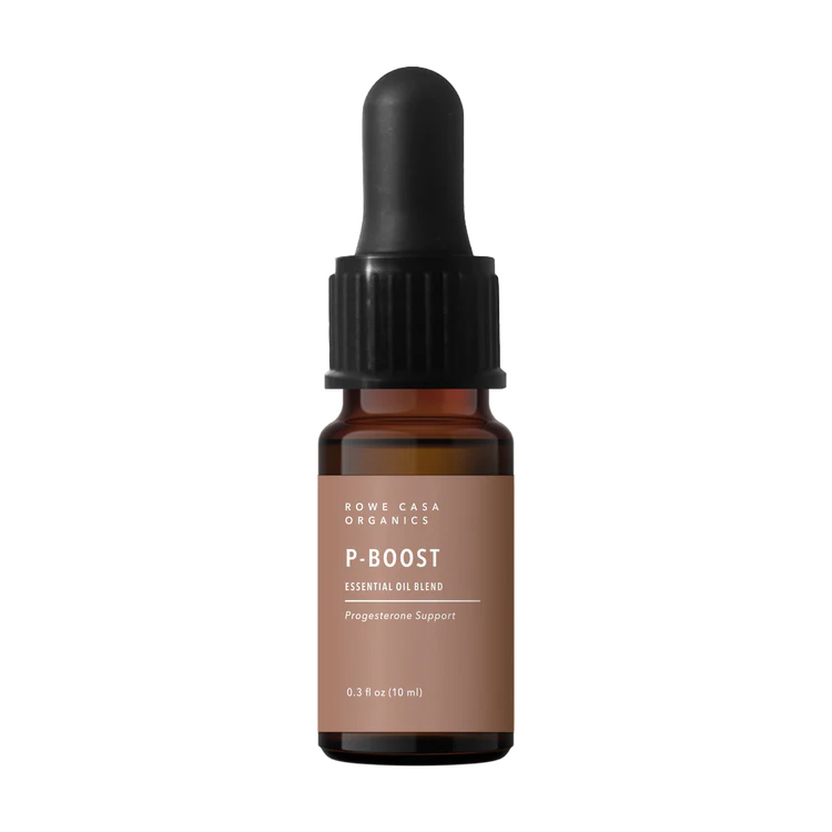 Brown glass bottle with dropper labeled 'P-Boost' on a white background