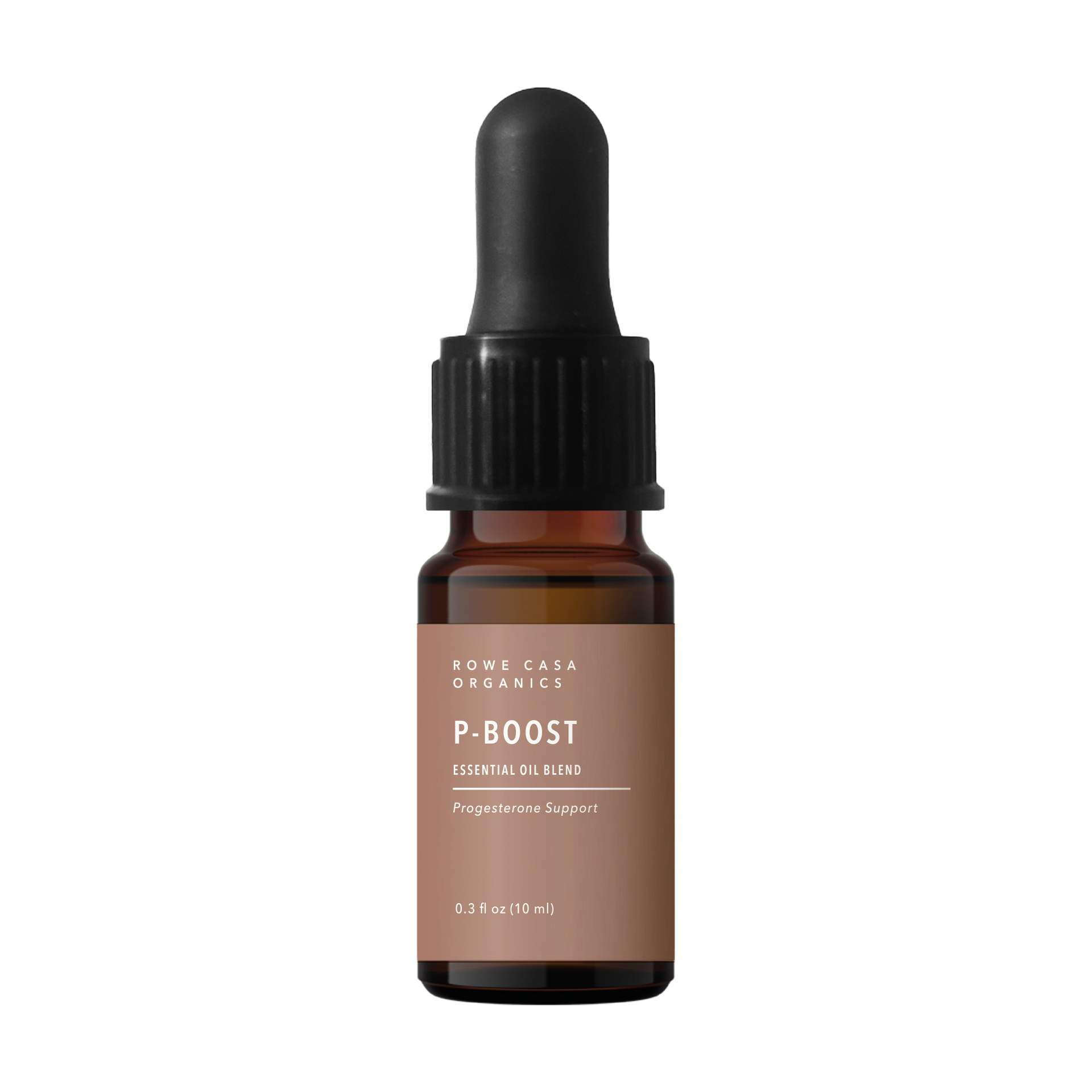 Rowe Casa Brown glass bottle with dropper labeled 'P-Boost' on a white background