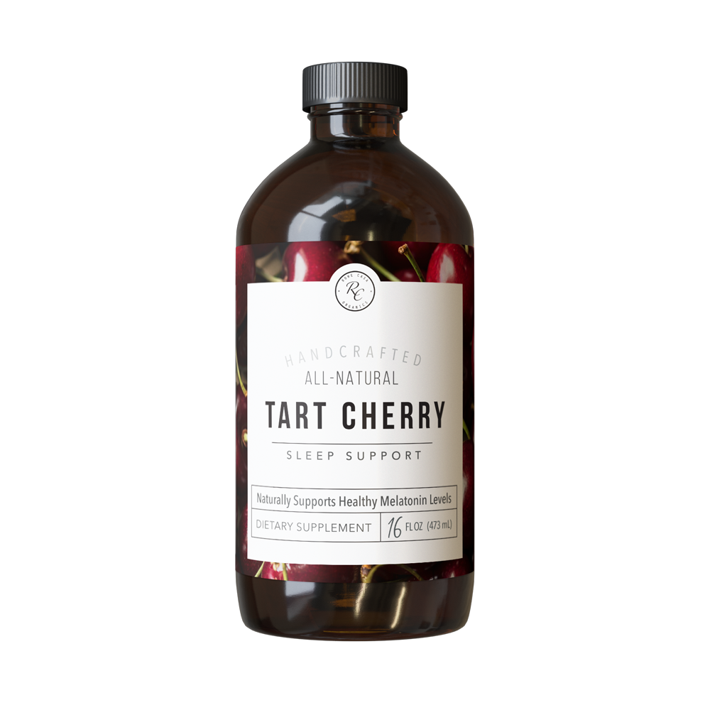 Rowe Casa Bottle of tart cherry sleep support supplement with label on a white background