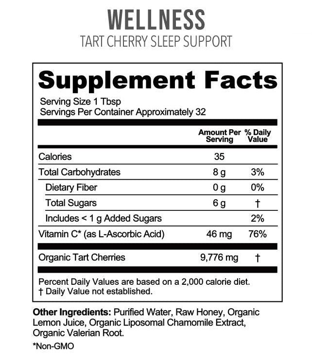 Rowe Casa Supplement facts label for Tart Cherry Sleep Support by Rowe Casa Organics on a white background.