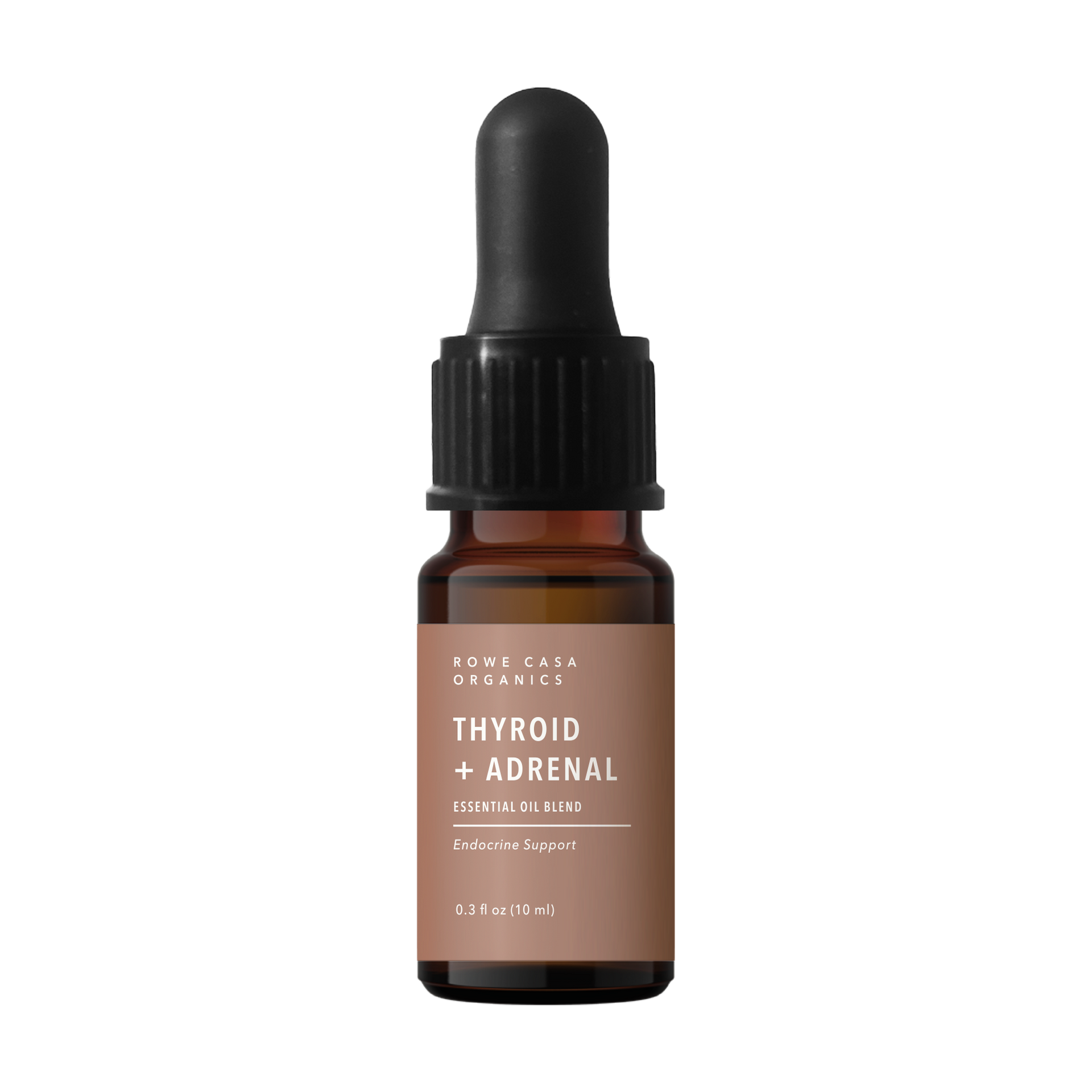 Rowe Casa Bottle of Thyroid + Adrenal essential oil blend with dropper on a white background