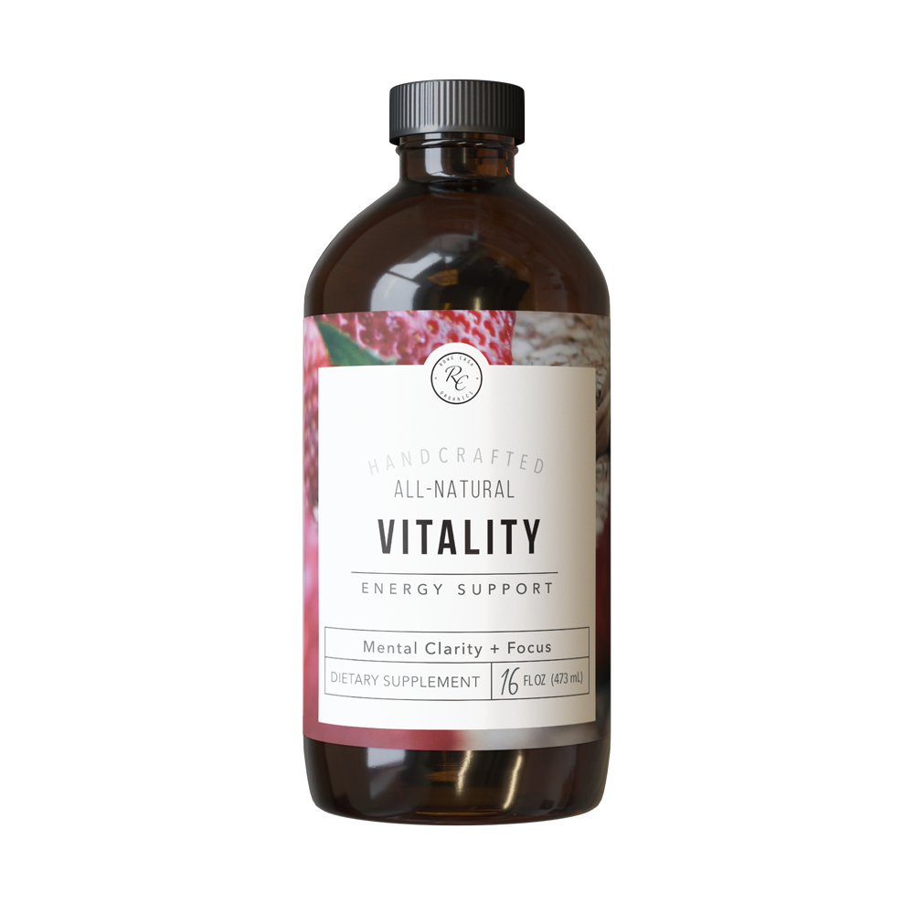 Rowe Casa Bottle of 'Vitality' energy support supplement with a label on a white background