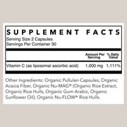 A supplement facts label showing Vitamin C as liposomal ascorbic acid, 1,000 mg, with other ingredients including organic pullulan capsules, organic acacia fiber, and organic nu-mag rice extract on a white background.