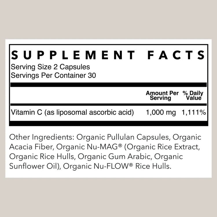 A supplement facts label showing Vitamin C as liposomal ascorbic acid, 1,000 mg, with other ingredients including organic pullulan capsules, organic acacia fiber, and organic nu-mag rice extract on a white background.