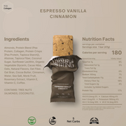  Espresso Vanilla Cinnamon protein bar packaging with ingredients and nutrition facts on a beige background