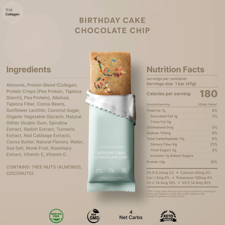 Birthday Cake Chocolate Chip protein bar with packaging and nutrition facts on a beige background