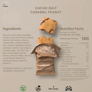 Cacao Salt Caramel Peanut snack bar packaging with ingredients and nutrition facts on a beige background