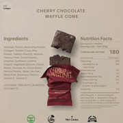 Cherry chocolate waffle cone packaging with ingredients and nutrition facts on a beige background