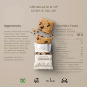 Chocolate Chip Cookie Dough snack product shown on a beige background with ingredient text, nutrition facts, a wrapped cookie dough stick, and two unwrapped pieces featuring chocolate chips.