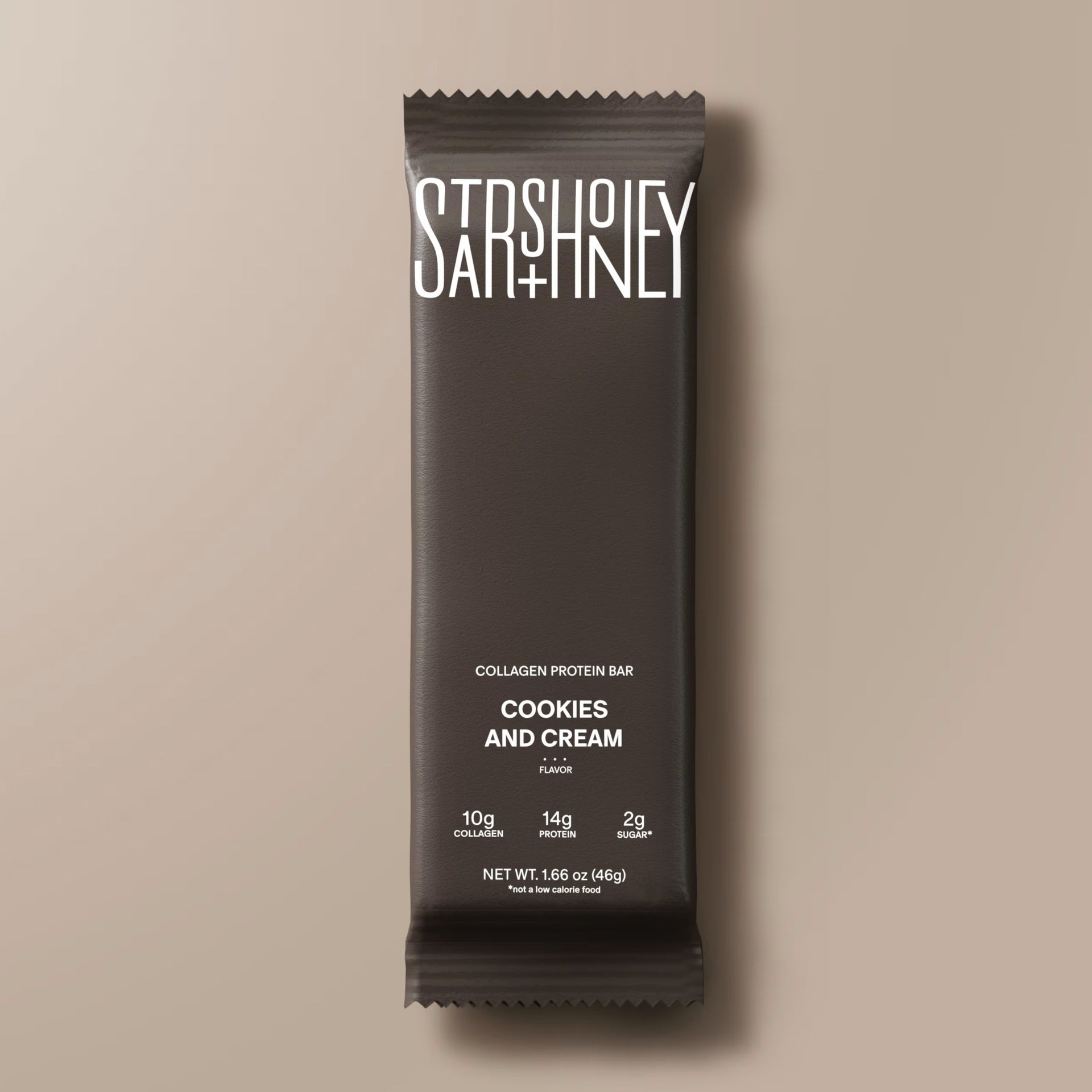 Collagen protein bar packaging with 'Starshoney Satiny' branding on a beige background