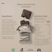 Dark chocolate coconut bar packaging with ingredients and nutrition facts on a beige background