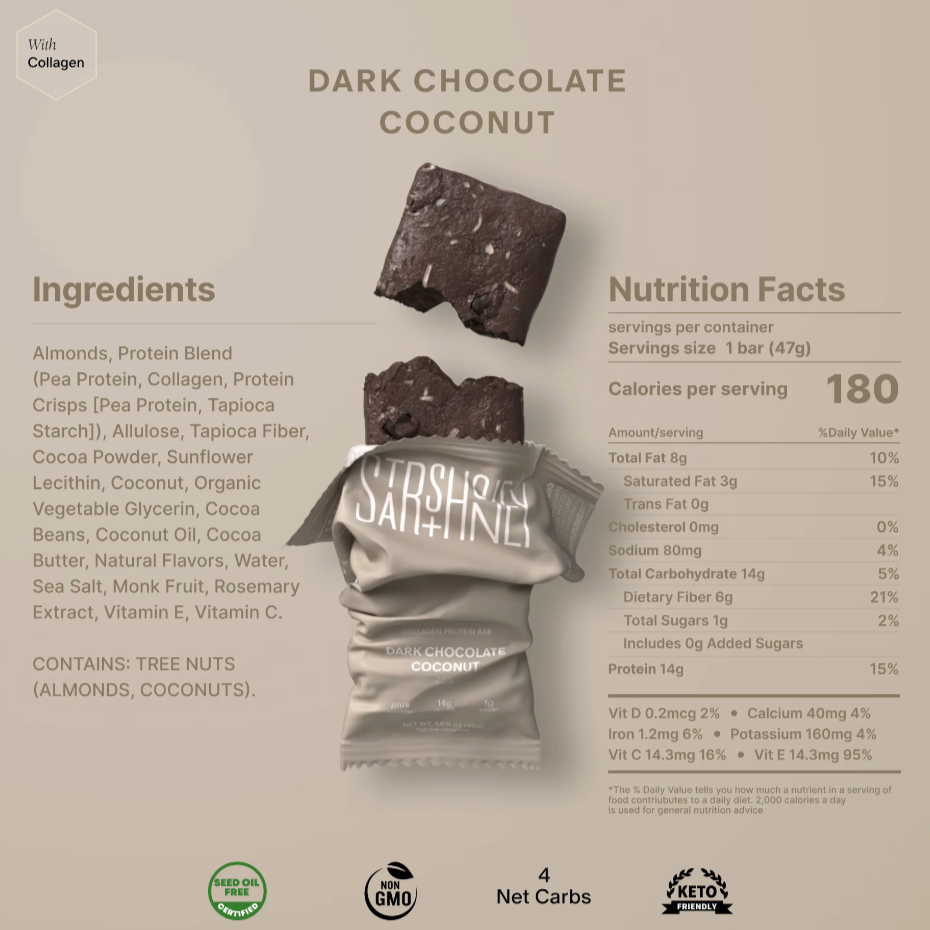 Dark chocolate coconut bar packaging with ingredients and nutrition facts on a beige background