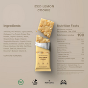 An informational product graphic for an Iced Lemon Cookie from Keto Cookies. It features a single unwrapped cookie and a wrapped cookie on a beige background, alongside the ingredients list, nutrition facts, and certification logos.