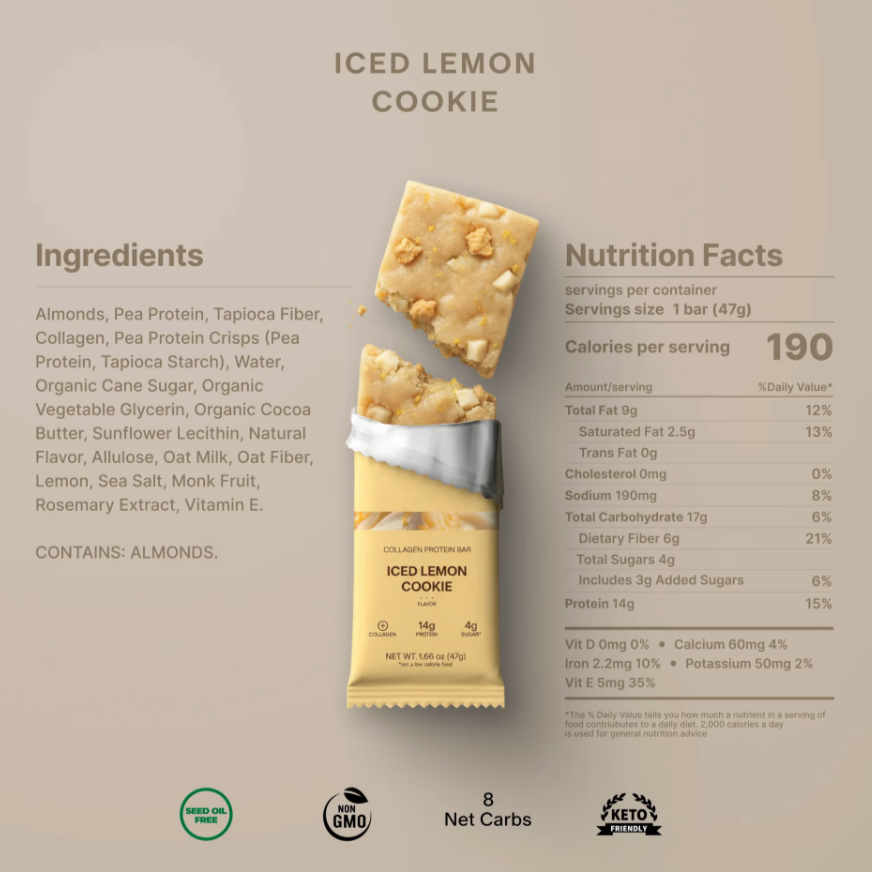 An informational product graphic for an Iced Lemon Cookie from Keto Cookies. It features a single unwrapped cookie and a wrapped cookie on a beige background, alongside the ingredients list, nutrition facts, and certification logos.