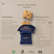 Maple blueberry muffin bar with packaging, ingredients list, and nutrition facts on a beige background.