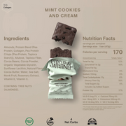 Product packaging with mint cookies and cream flavor, showing ingredients and nutrition facts on a beige background.