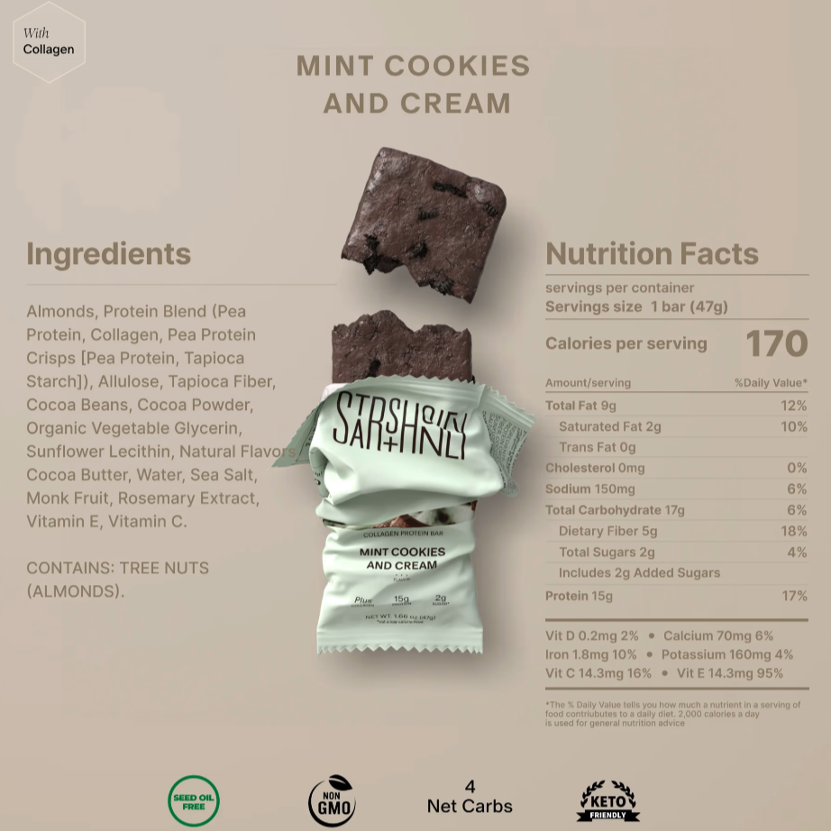 Product packaging with mint cookies and cream flavor, showing ingredients and nutrition facts on a beige background.