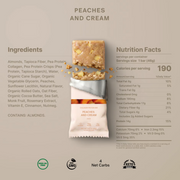 A packaged snack bar labeled 'Peaches and Cream' shown on a beige background with ingredient text on the left, nutrition facts on the right, and small certification logos at the bottom. The wrapper is mostly white with peach-orange text and a peach-colored snack piece visible at the top.