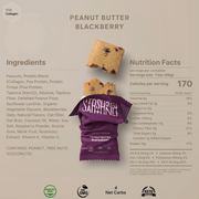 Peanut Butter Blackberry snack bar packaging with ingredients and nutrition facts on a beige background