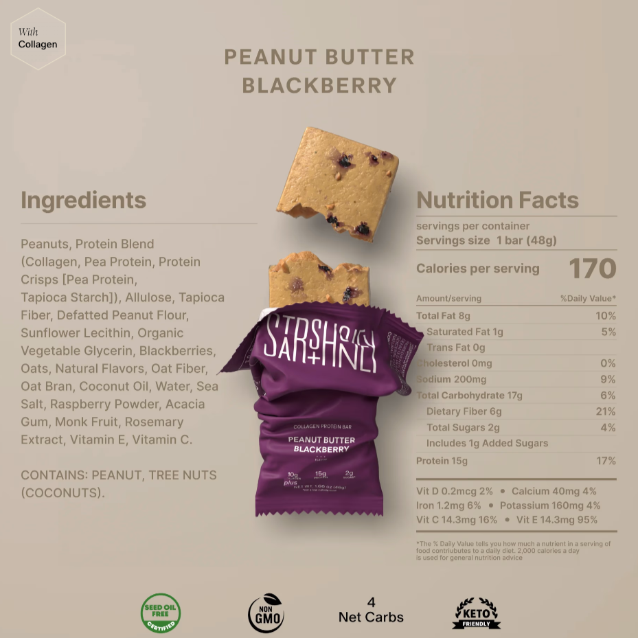 Peanut Butter Blackberry snack bar packaging with ingredients and nutrition facts on a beige background