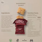 Sashimi & Co. raspberry donut protein bar with ingredients and nutrition facts on a beige background