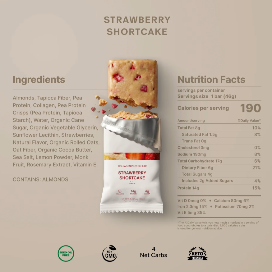 A nutrition information graphic for a Strawberry Shortcake protein bar. The layout features a clean beige background with the product name at the top, a central image of a sliced protein bar with a few strawberry pieces visible, a wrapped protein bar package, and a detailed ingredients list on the left and nutrition facts on the right.