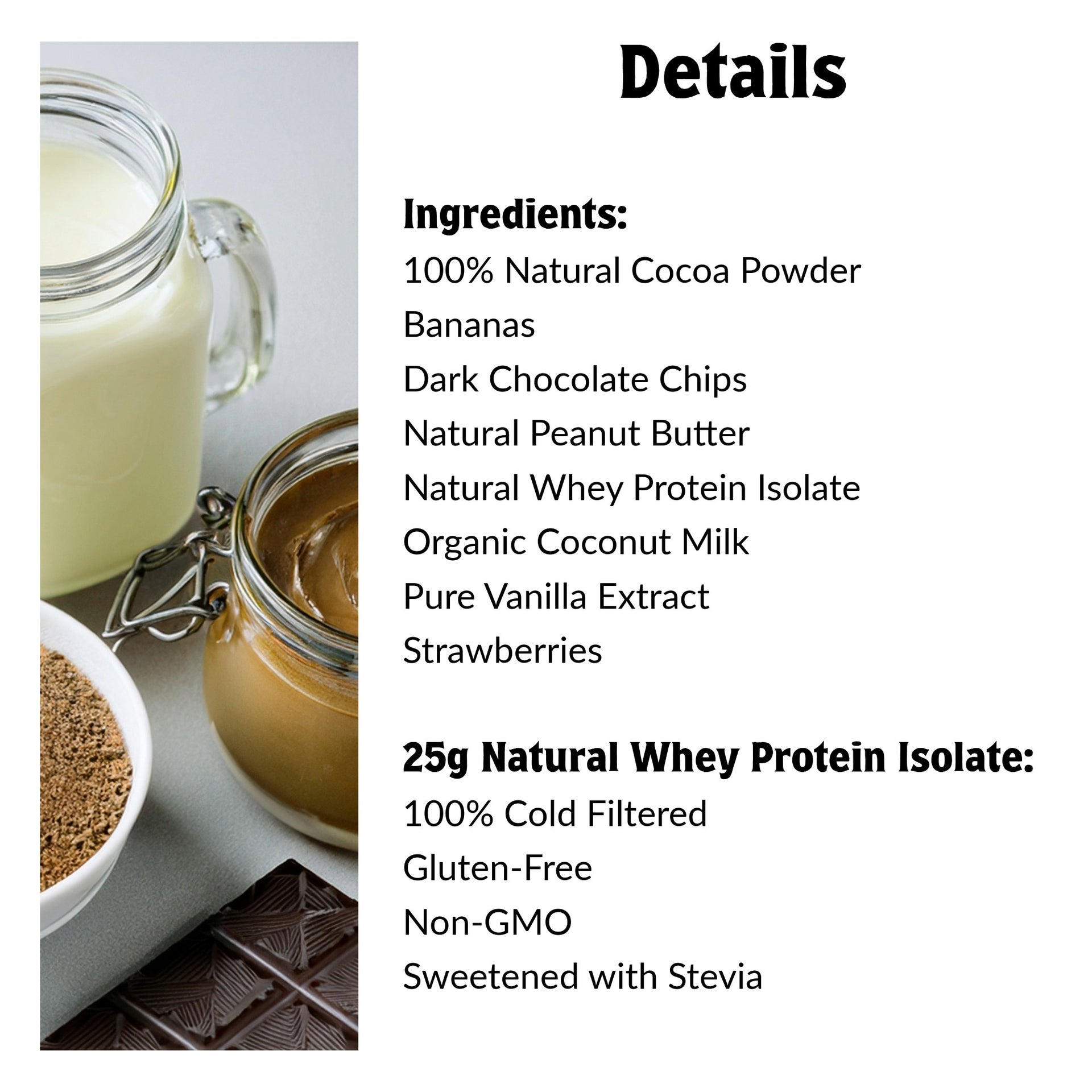 Ingredients list of a protein shake mix with ingredients displayed.